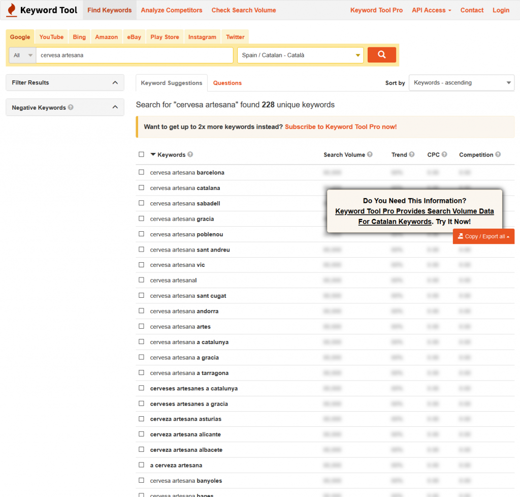 trobar informacio paraules clau relacionades amb eines de keyword